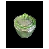 Collection of Intricate Green Depression Glassware with Butter Dish and Biscuit Jar