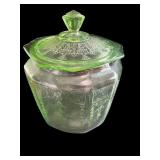 Collection of Intricate Green Depression Glassware with Butter Dish and Biscuit Jar