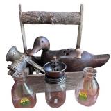 Wooden Caddy with Vintage Collectibles