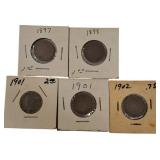 Five  Old V Nickels 1897-1902