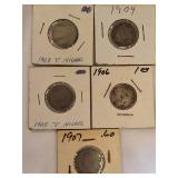 Five V Nickels from 1903 to 1907 in nice condition!