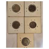 Five V Nickels from 1903 to 1907 in nice condition!