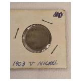 Five V Nickels from 1903 to 1907 in nice condition!