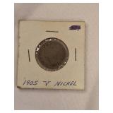 Five V Nickels from 1903 to 1907 in nice condition!