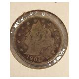 Five V Nickels from 1903 to 1907 in nice condition!