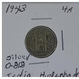 1943 India 4 Anna.Silver - Rare Coin