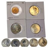 Odd Lot: Three Golden Dollars, Five Proof Quarters, and One 1958 Penny. All in very nice condition!