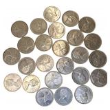 Twenty-five 1968 Canadian silver quarters.