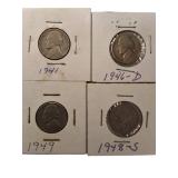 Mixed lot of nickels from the 1940s to the 1980s, sourced from an old nickel collection.