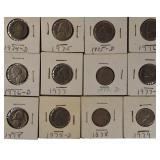 Mixed lot of nickels from the 1940s to the 1980s, sourced from an old nickel collection.
