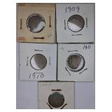 Five V Nickels dated from 1908 to 1912 - Nice old coins.