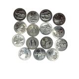 Fifteen uncirculated proof ATB quarters from different years.