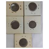 Five V Nickels from 1899 to 1902, all with readable dates. A great addition to any collection!