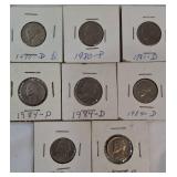 A mixed lot of Jefferson nickels collected between 1940 and the 1980s, sourced from an old nickel collection.
