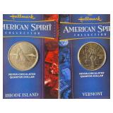 Two Ike dollar coins, one of which is an uncirculated 1976 edition, as well as five uncirculated state quarters.