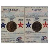 Two Ike dollar coins, one of which is an uncirculated 1976 edition, as well as five uncirculated state quarters.