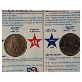 Two Ike dollar coins, one of which is an uncirculated 1976 edition, as well as five uncirculated state quarters.