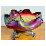 Antique Loetz Art Glass Iridescent Compote with Bronze Art Nouveau Mount