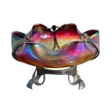 Antique Loetz Art Glass Iridescent Compote with Bronze Art Nouveau Mount