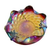 Antique Loetz Art Glass Iridescent Compote with Bronze Art Nouveau Mount