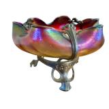 Antique Loetz Art Glass Iridescent Compote with Bronze Art Nouveau Mount