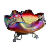 Antique Loetz Art Glass Iridescent Compote with Bronze Art Nouveau Mount