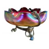 Antique Loetz Art Glass Iridescent Compote with Bronze Art Nouveau Mount