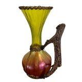 Antique Nouveau Kralik Honeycomb Panel Stag Antler Handle Gilt Metal Holder Vase