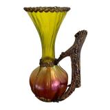 Antique Nouveau Kralik Honeycomb Panel Stag Antler Handle Gilt Metal Holder Vase