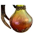 Antique Nouveau Kralik Honeycomb Panel Stag Antler Handle Gilt Metal Holder Vase