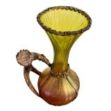 Antique Nouveau Kralik Honeycomb Panel Stag Antler Handle Gilt Metal Holder Vase