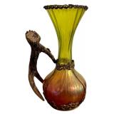 Antique Nouveau Kralik Honeycomb Panel Stag Antler Handle Gilt Metal Holder Vase