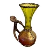 Antique Nouveau Kralik Honeycomb Panel Stag Antler Handle Gilt Metal Holder Vase