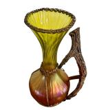 Antique Nouveau Kralik Honeycomb Panel Stag Antler Handle Gilt Metal Holder Vase