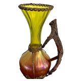 Antique Nouveau Kralik Honeycomb Panel Stag Antler Handle Gilt Metal Holder Vase