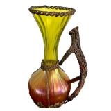 Antique Nouveau Kralik Honeycomb Panel Stag Antler Handle Gilt Metal Holder Vase