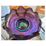 Antique Loetz Art Glass Bowl with Green Iridescent Threading on Faux Stag Mount / Antique Loetz Iridescent Art Glass Antler Mounted Bowl