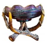 Antique Loetz Art Glass Bowl with Green Iridescent Threading on Faux Stag Mount / Antique Loetz Iridescent Art Glass Antler Mounted Bowl