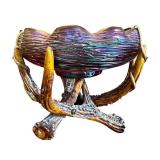 Antique Loetz Art Glass Bowl with Green Iridescent Threading on Faux Stag Mount / Antique Loetz Iridescent Art Glass Antler Mounted Bowl