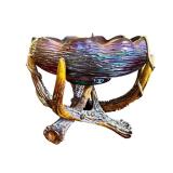 Antique Loetz Art Glass Bowl with Green Iridescent Threading on Faux Stag Mount / Antique Loetz Iridescent Art Glass Antler Mounted Bowl