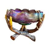 Antique Loetz Art Glass Bowl with Green Iridescent Threading on Faux Stag Mount / Antique Loetz Iridescent Art Glass Antler Mounted Bowl