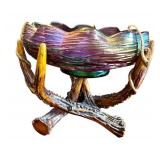 Antique Loetz Art Glass Bowl with Green Iridescent Threading on Faux Stag Mount / Antique Loetz Iridescent Art Glass Antler Mounted Bowl