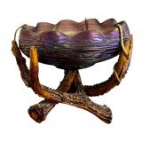 Antique Loetz Art Glass Bowl with Green Iridescent Threading on Faux Stag Mount / Antique Loetz Iridescent Art Glass Antler Mounted Bowl