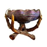 Antique Loetz Art Glass Bowl with Green Iridescent Threading on Faux Stag Mount / Antique Loetz Iridescent Art Glass Antler Mounted Bowl