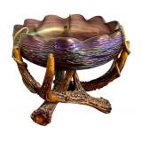 Antique Loetz Art Glass Bowl with Green Iridescent Threading on Faux Stag Mount / Antique Loetz Iridescent Art Glass Antler Mounted Bowl