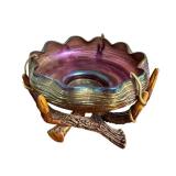 Antique Loetz Art Glass Bowl with Green Iridescent Threading on Faux Stag Mount / Antique Loetz Iridescent Art Glass Antler Mounted Bowl
