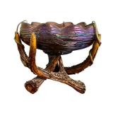 Antique Loetz Art Glass Bowl with Green Iridescent Threading on Faux Stag Mount / Antique Loetz Iridescent Art Glass Antler Mounted Bowl