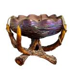 Antique Loetz Art Glass Bowl with Green Iridescent Threading on Faux Stag Mount / Antique Loetz Iridescent Art Glass Antler Mounted Bowl