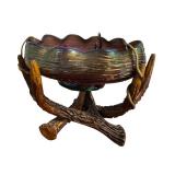 Antique Loetz Art Glass Bowl with Green Iridescent Threading on Faux Stag Mount / Antique Loetz Iridescent Art Glass Antler Mounted Bowl