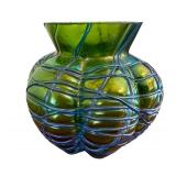 Antique Pallme König & Habel Art Nouveau Iridescent Fadendekor Green Glass Vase